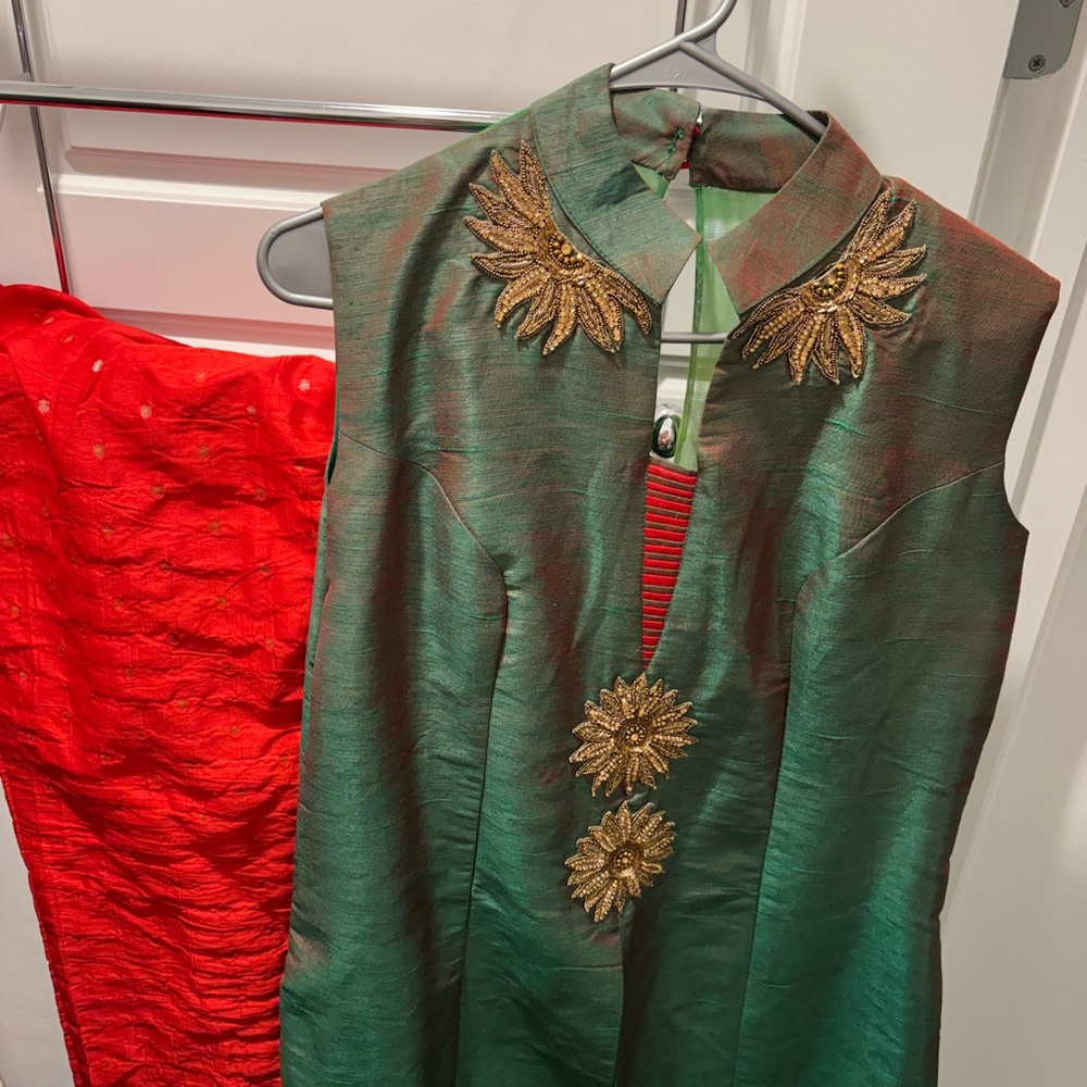 Green Shimmer Sleeveless Tunic with Gold Floral Appliqués